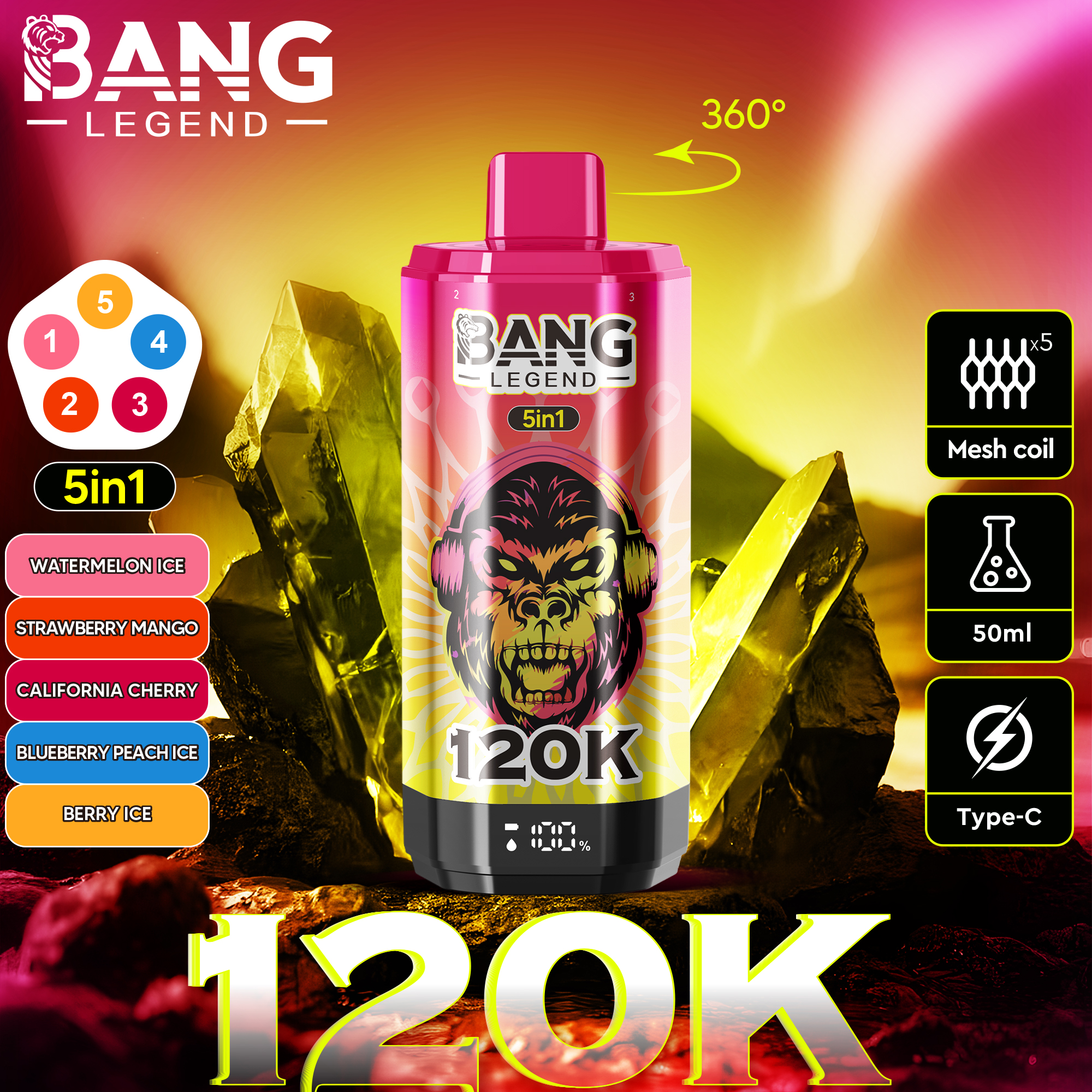Bang Legend 120K – 5v1 dobíjecí jednorázová vaporizační sada (120 000 potahů) s digitálním displejem a síťovanou spirálkou