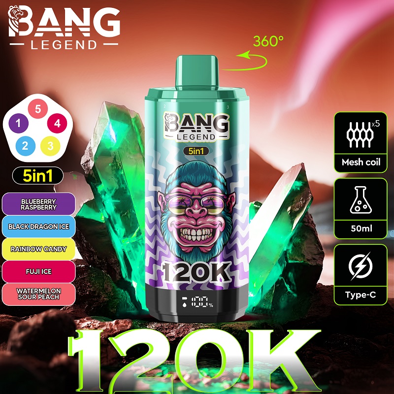 Bang Legend 120K – 5v1 dobíjecí jednorázová vaporizační sada (120 000 potahů) s digitálním displejem a síťovanou spirálkou