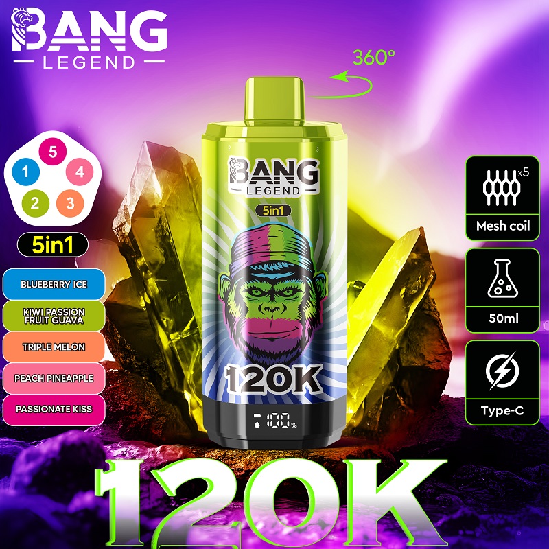 Bang Legend 120K – 5v1 dobíjecí jednorázová vaporizační sada (120 000 potahů) s digitálním displejem a síťovanou spirálkou